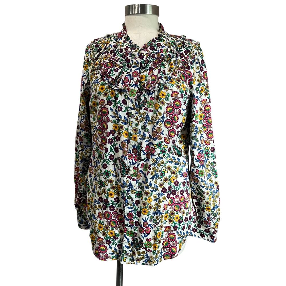 Talbots Ruffle Neck Floral Blouse‎ Size M Long Sleeve Button Front